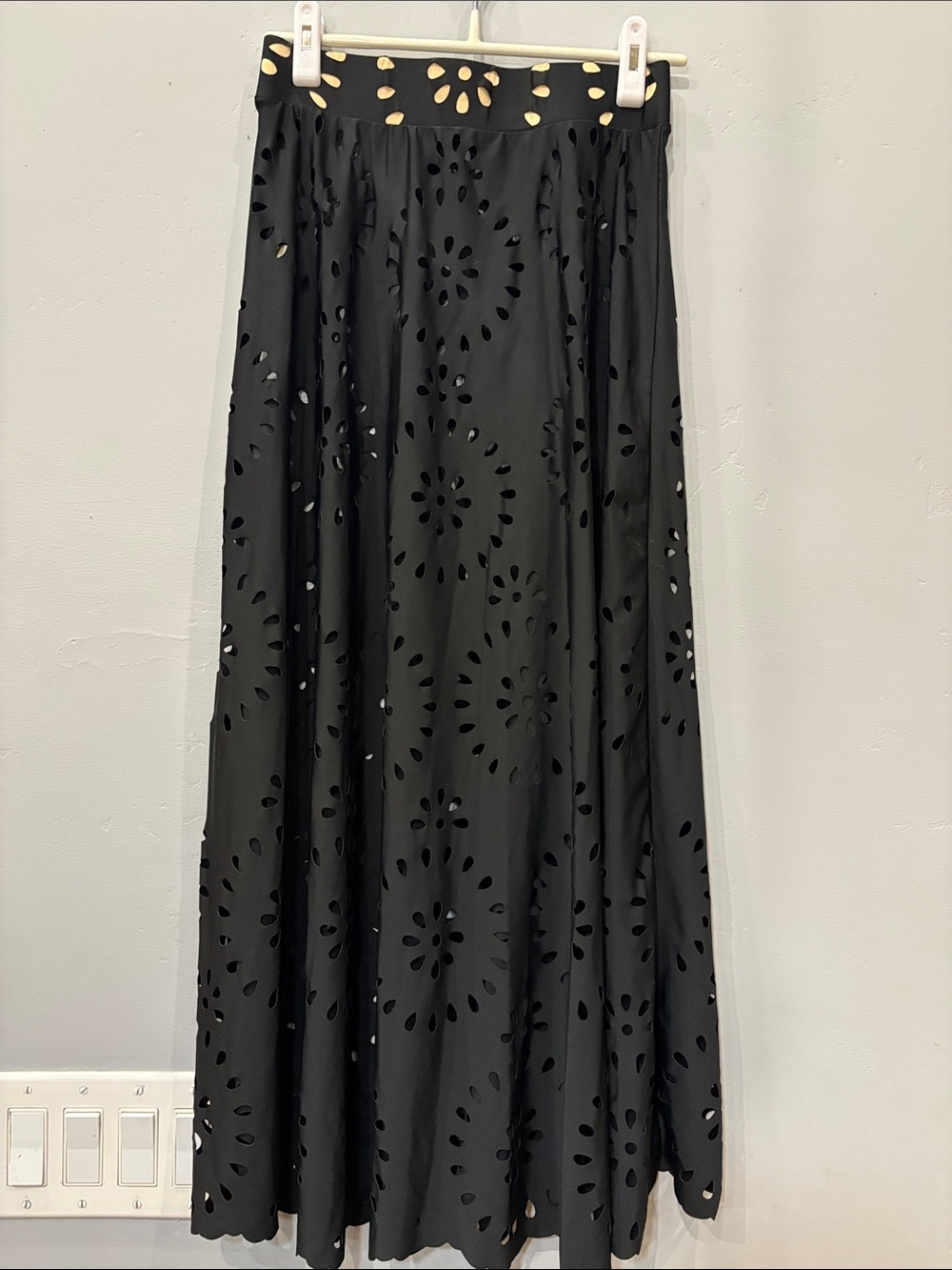 Black Eyelet Cutwork Maxi Skirt Floral Boho Lined